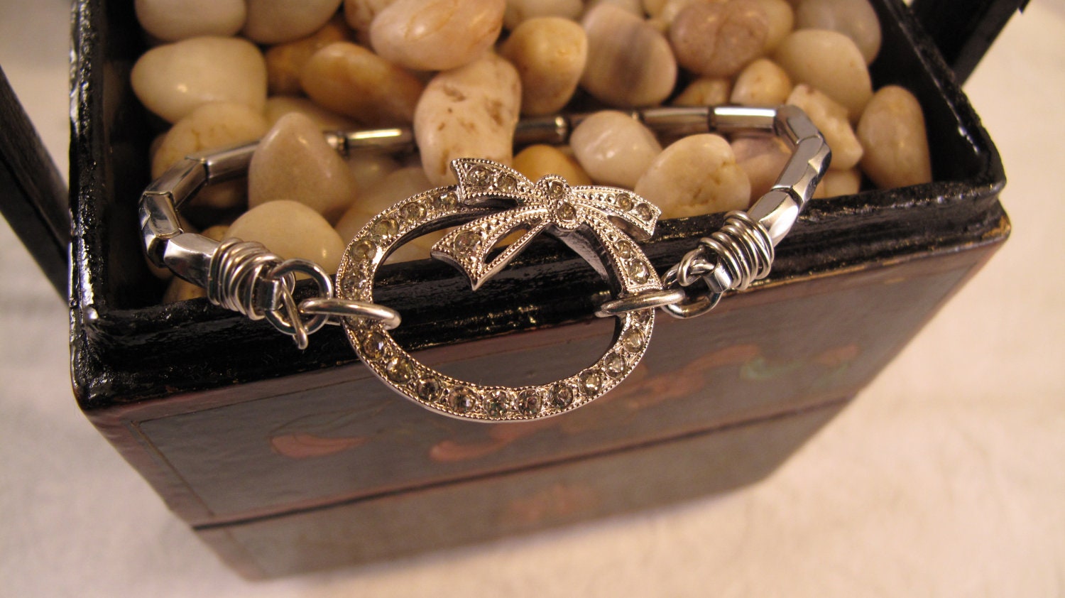 dAiNtY Art Deco Rhinestone Sterling Silver Oval Bow Brooch NOW Upcycled Repurposed White Gold Filled BRACELET