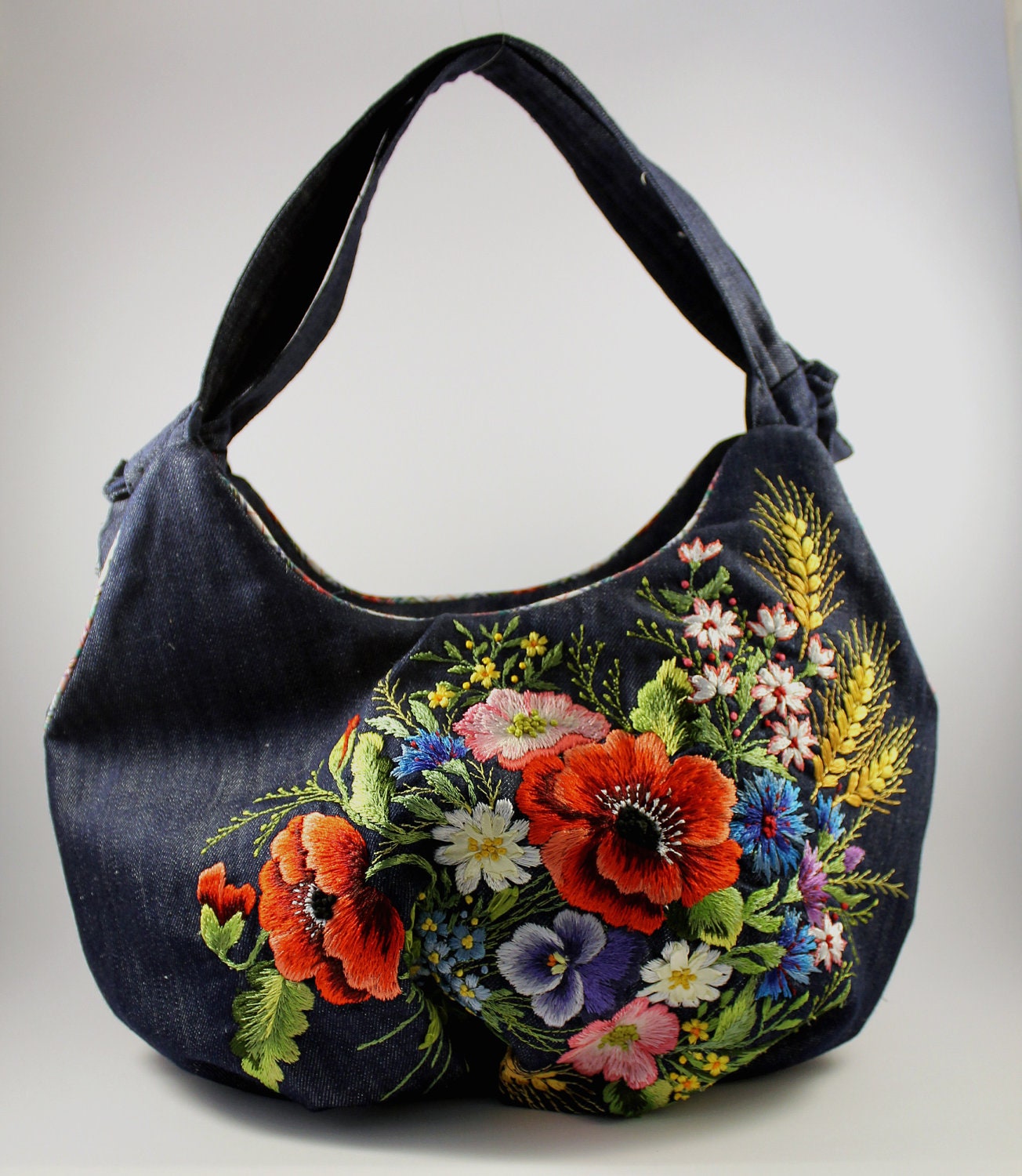 Hand embroidered jeans bag with flowers by Handembroiderykvitka