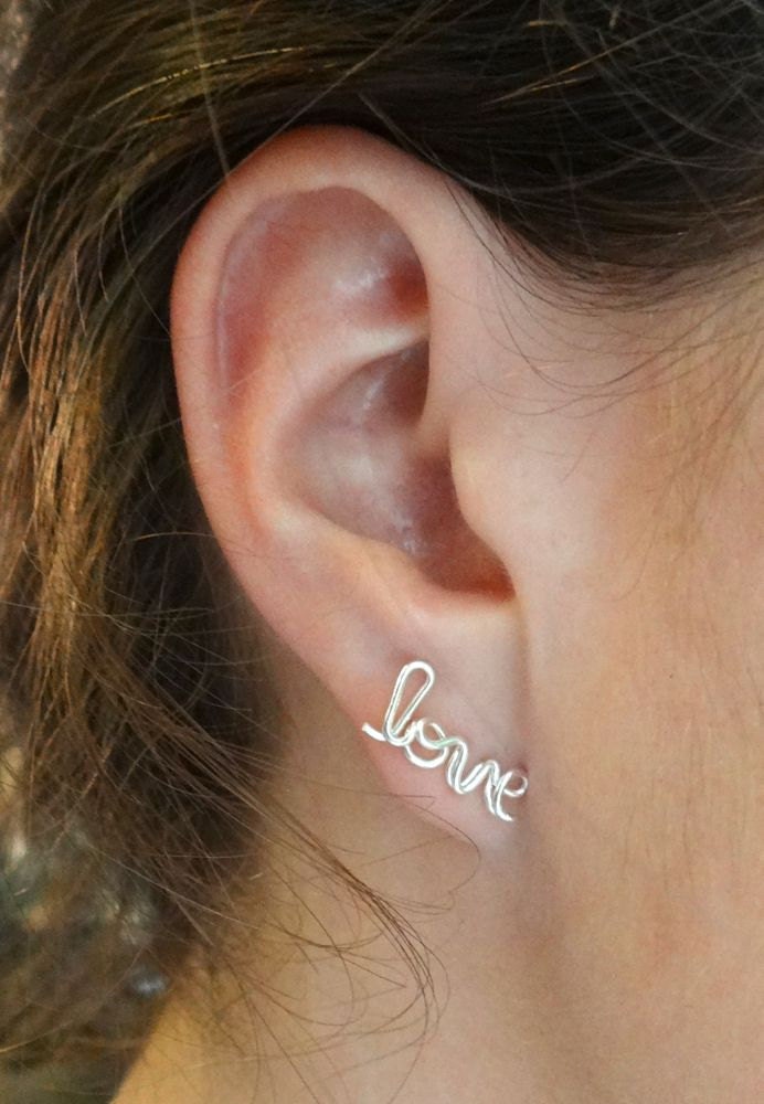 Valentines Day Gift - Love earring - Silver Plated Wire Word stud - Cartilage earring - Ear cuff - Cartilage Stud - Cursive Word earring