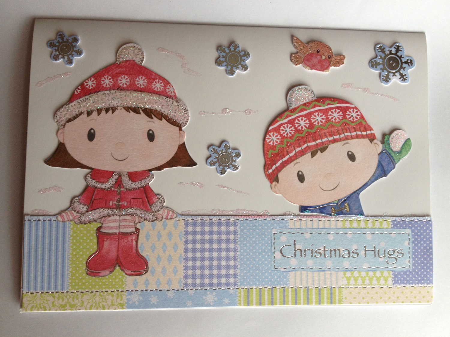 chrismas card, happy christmas, childrens card,robin card, snowflake card, quilted design card