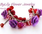 Ruby Beaded Polymer Clay Charm Bracelet "Agate roses" with Natural Agate