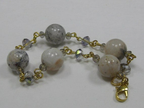 Gemstone and Crystal Gold Linked Bracelet, natural gemstones with grey, tan and peach hues with topaz crystals purple blue green pink