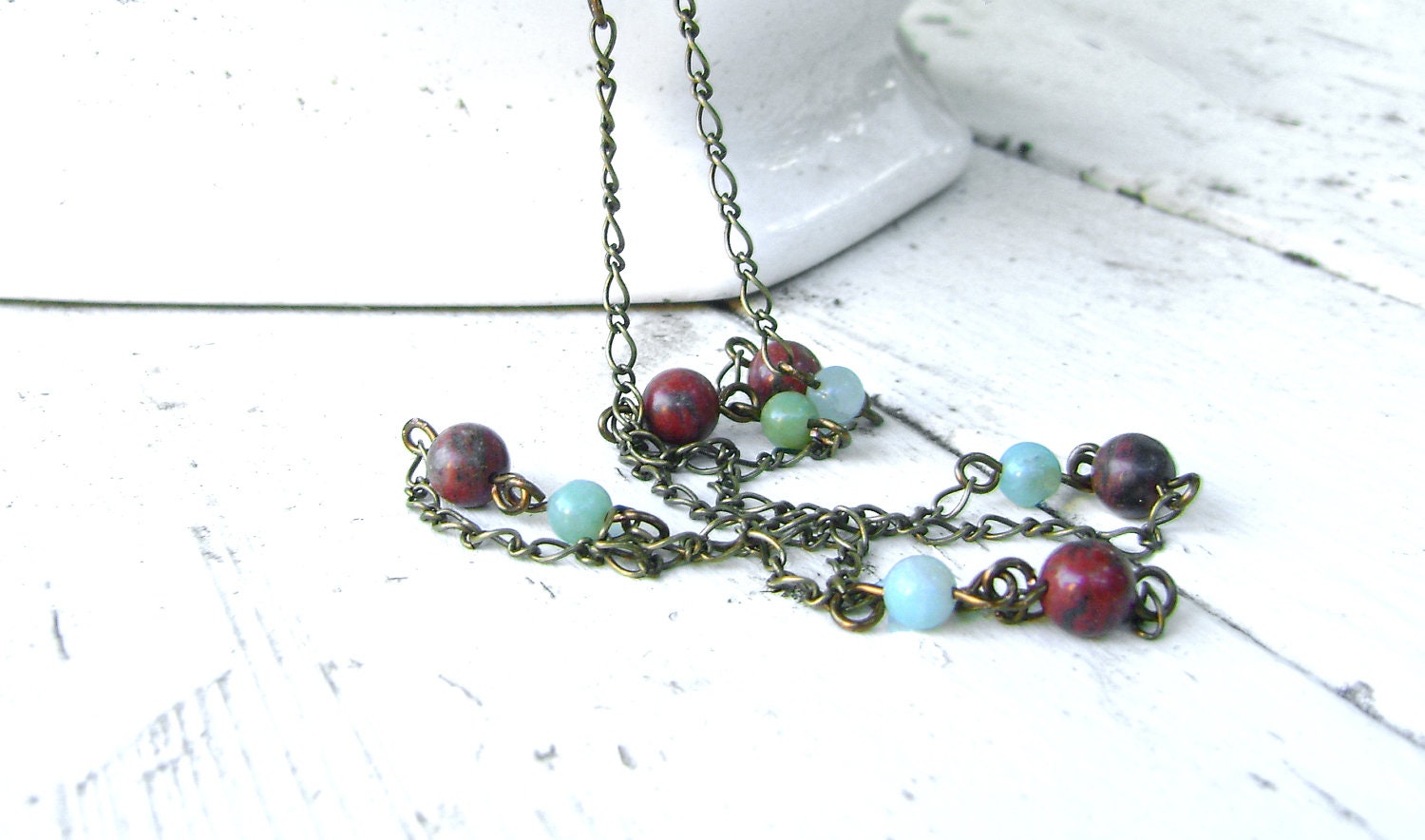 CLEARANCE SALE - Long Beaded Chain Necklace - Amazonite and Red Jasper - Opera Length Necklace - BOHEME Collection