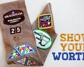 show your worth, vintage girl scout sash, badges, patches, camping, moonrise kingdom