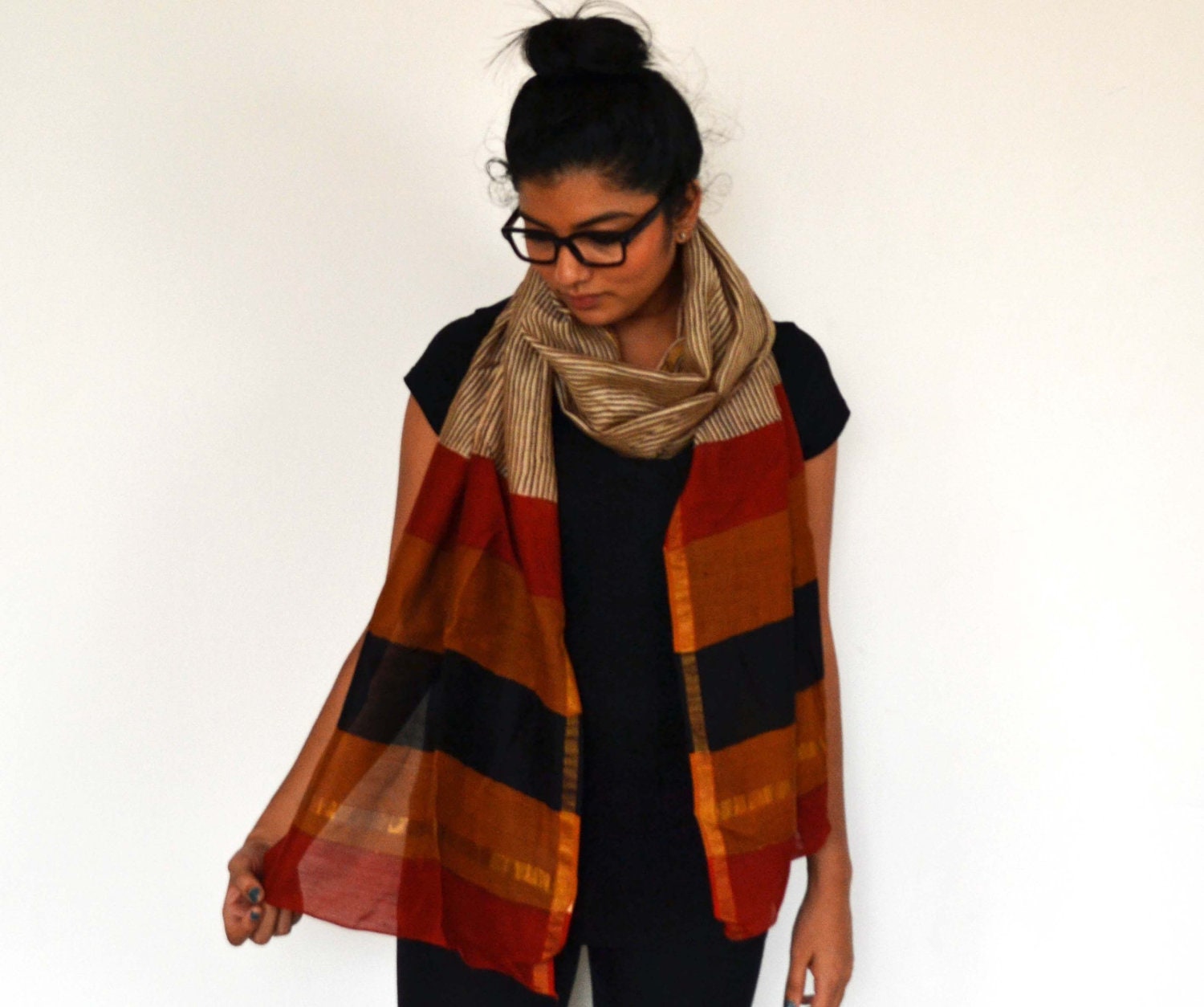 Chanderi SILK Scarf, Warm Autumn tones - Hand block printed, Natural Vegetable Dyes, Cotton Silk Blend, Extra Long Scarf, Shawl, Wrap