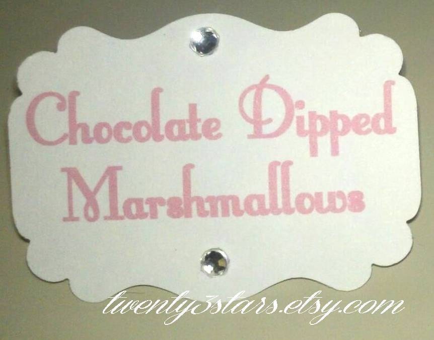 10 Small Candy or Dessert Buffet Labels with Rhinestones for Wedding Reception, Party Favors, or Baby Showers, Choose Colors, Words and Font