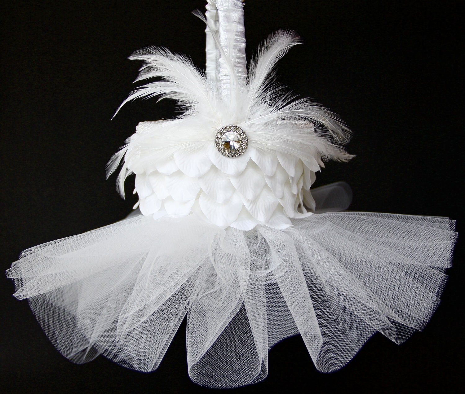 White Flower Girl Basket with white ostrich feathers and rhinestone centerpiece