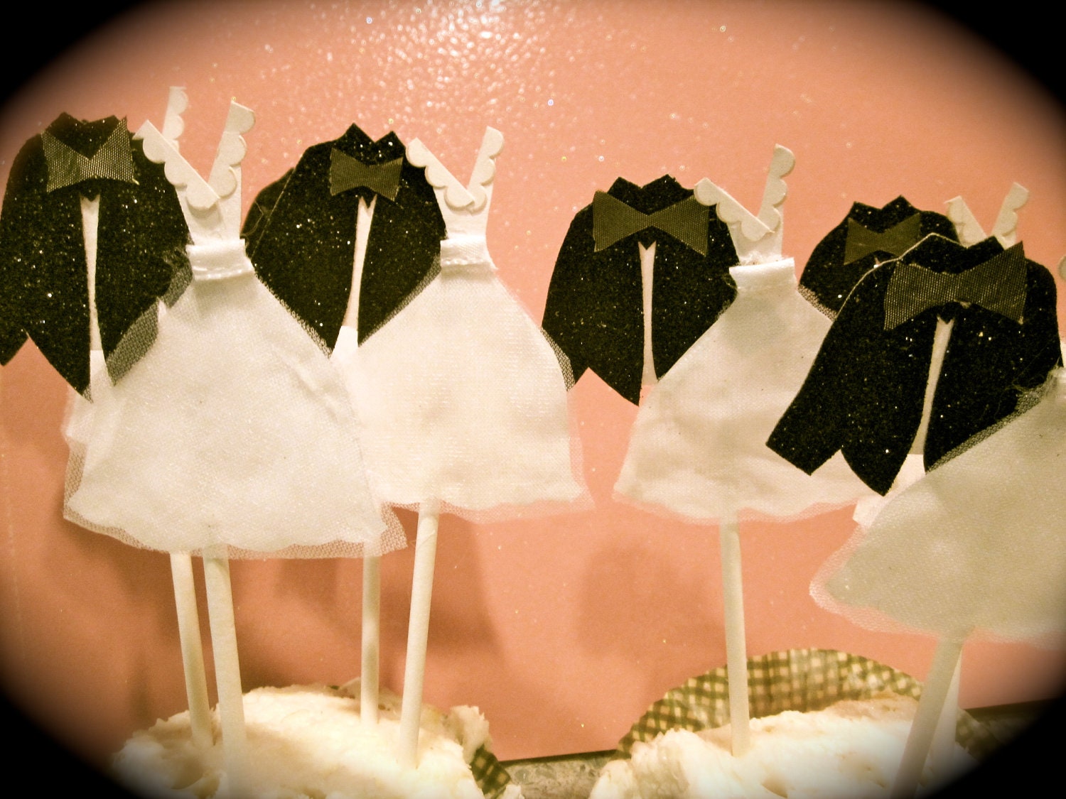 Wedding dress tuxedo bride groom cupcake topper bridal shower engagement party decoration