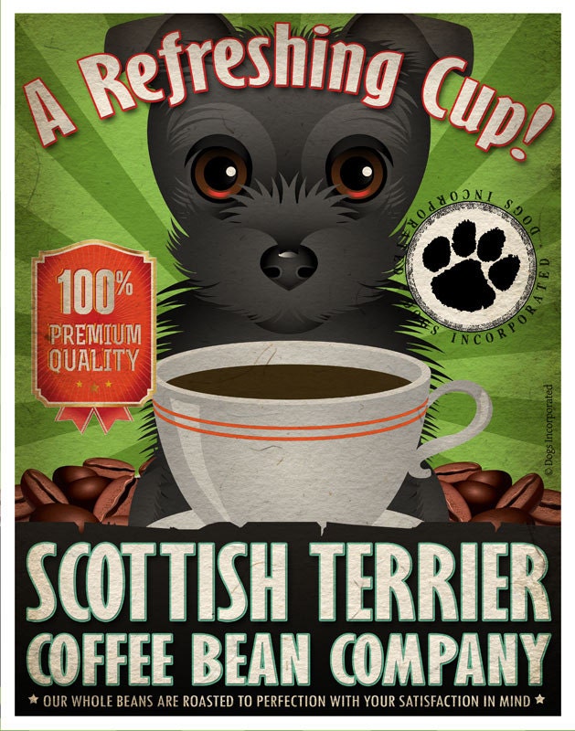 Scottish Terrier Coffee Bean Company Original Art Print - Custom Dog Breed Art - 11x14