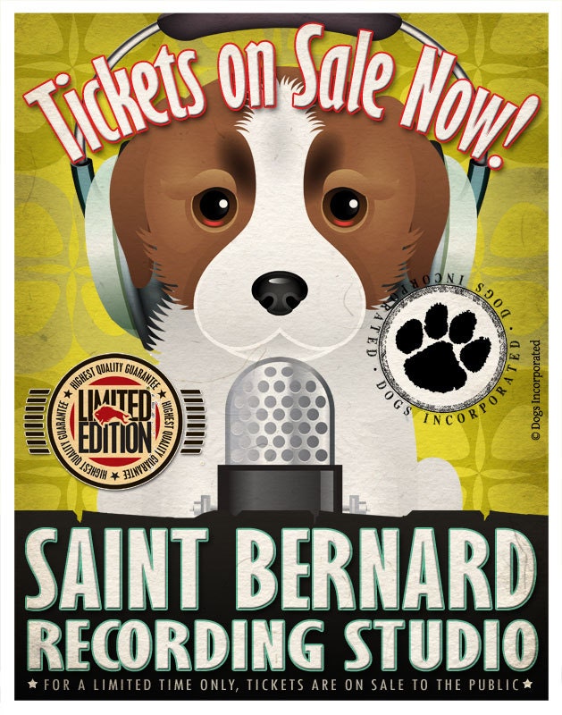 Saint Bernard Recording Studio Original Art Print - Custom Dog Breed Print 11x14