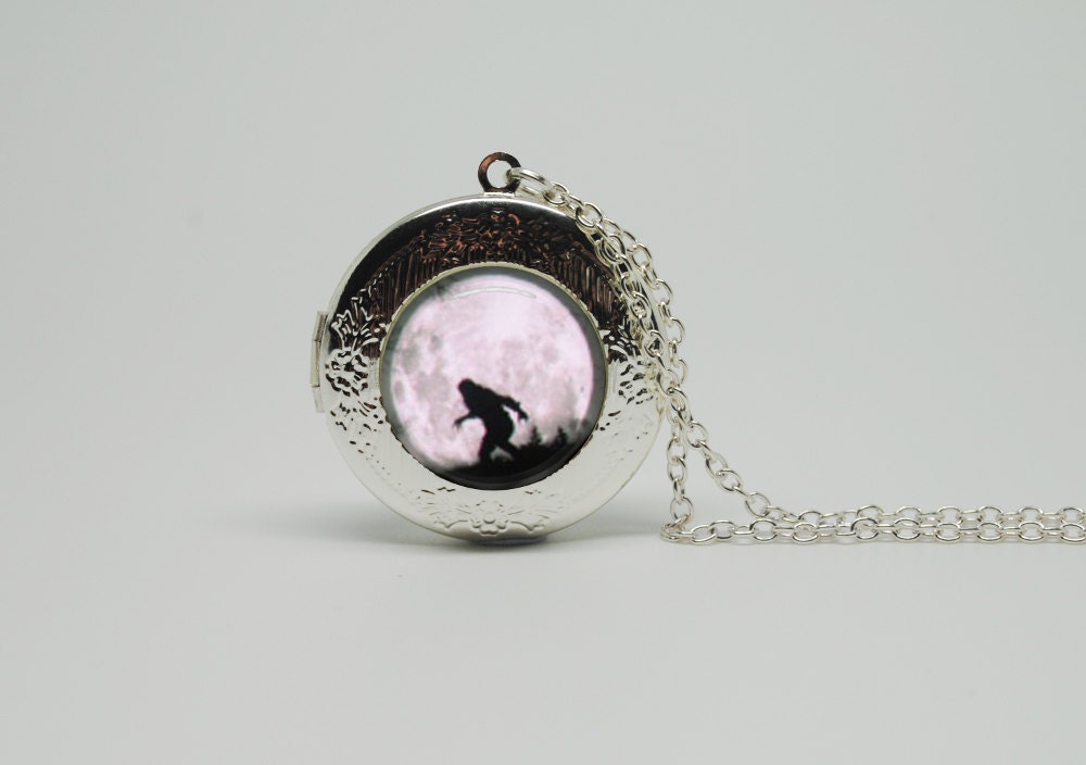 Silver Glass Locket Necklace with Inspired Bigfoot and Moon