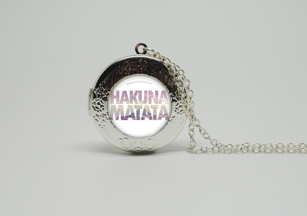 Silver Glass Locket Necklace with Inspired Lion King Hakuna Matata