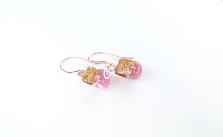 Copper dangle wire wrapped etched hood pink drop bead earrings
