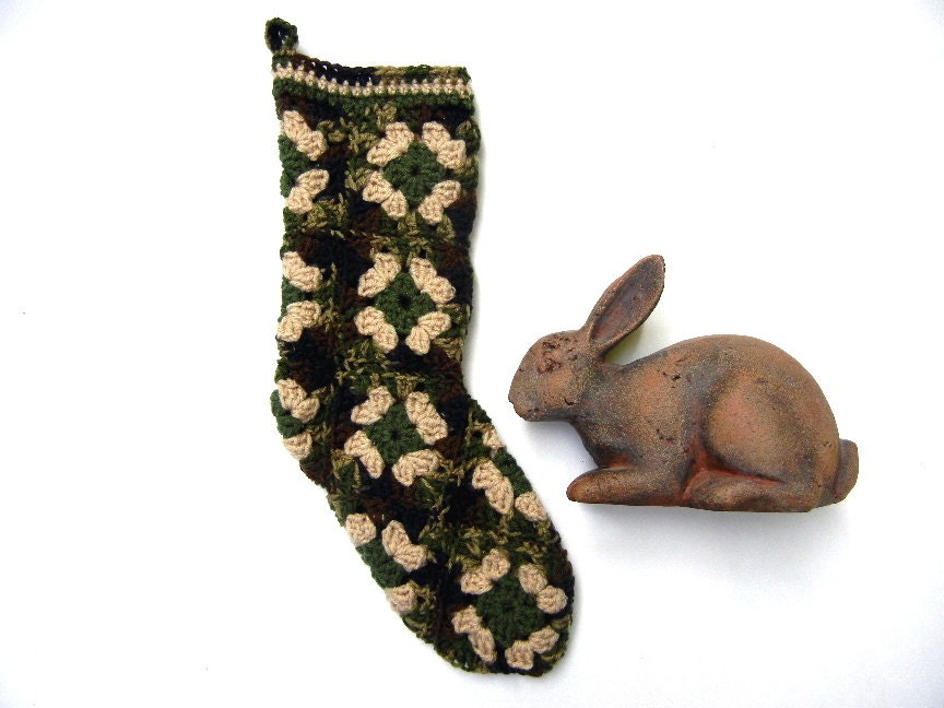 Camouflage Christmas Stocking, Camo Granny Squares - Hand Crocheted