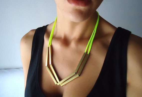Neon Necklace - Gold Brass Square Tube/ Neon Yellow Cord