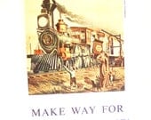 Real book page handmade card. OOAK. Featuring a TRAIN locomotive, iron horse, boy, dog, and mother, rail road travel