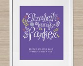 Custom floral baby nursery art, personalised baby name print, baby girl or baby boy art print, unframed 11x14 or 8x10 inch print.