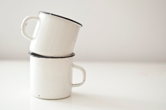 Vintage Enamel Mugs - set of 2 - white - made in Soviet Union