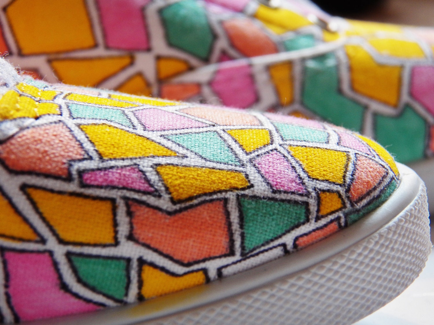 Custom Handpainted Canvas Shoes Yellow Teal Peach Pink Geometric