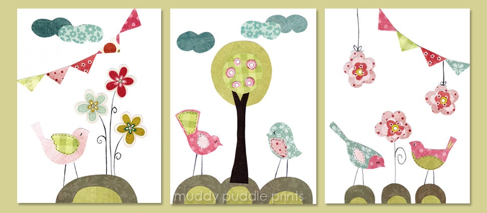 nursery Art, Nursery decor, kids wall art print - little bird celebration set of 3 prints