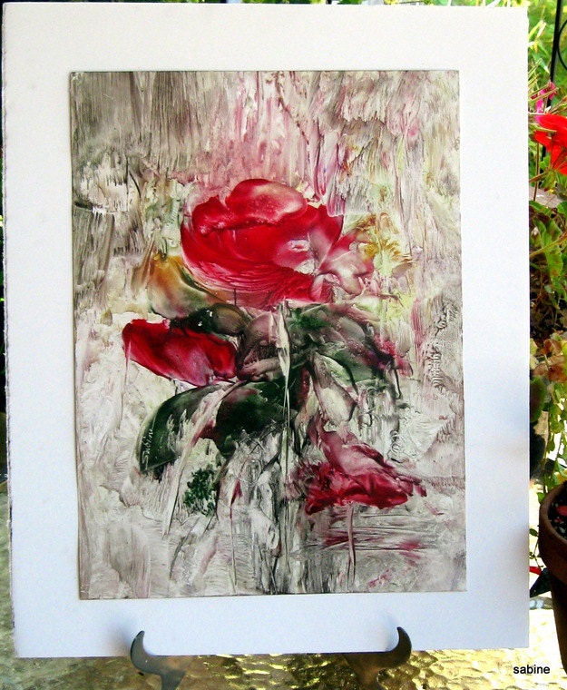 ORIGINAL ENCAUSTIC Semi Abstract Floral Red Rainy Day Rose 16"x20"   - STUDIOSABINE
