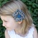 FLOWER Hairclip. Grey and white petals with royal blue center. Girls, infant, toddler, teen, adult. Accessory, photo prop