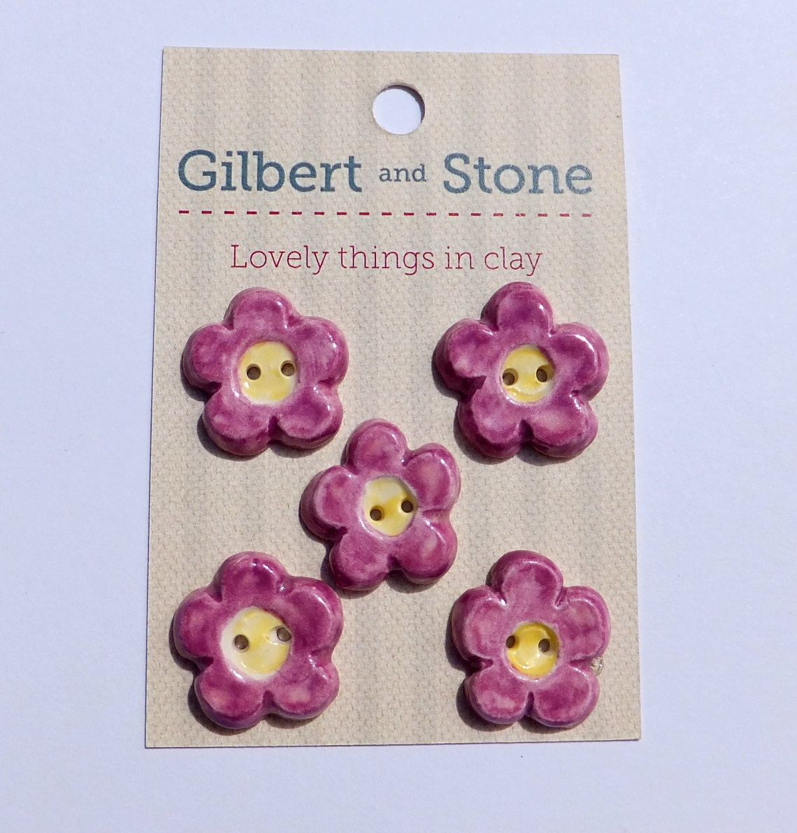 Ceramic buttons pottery flower buttons purple and yellow