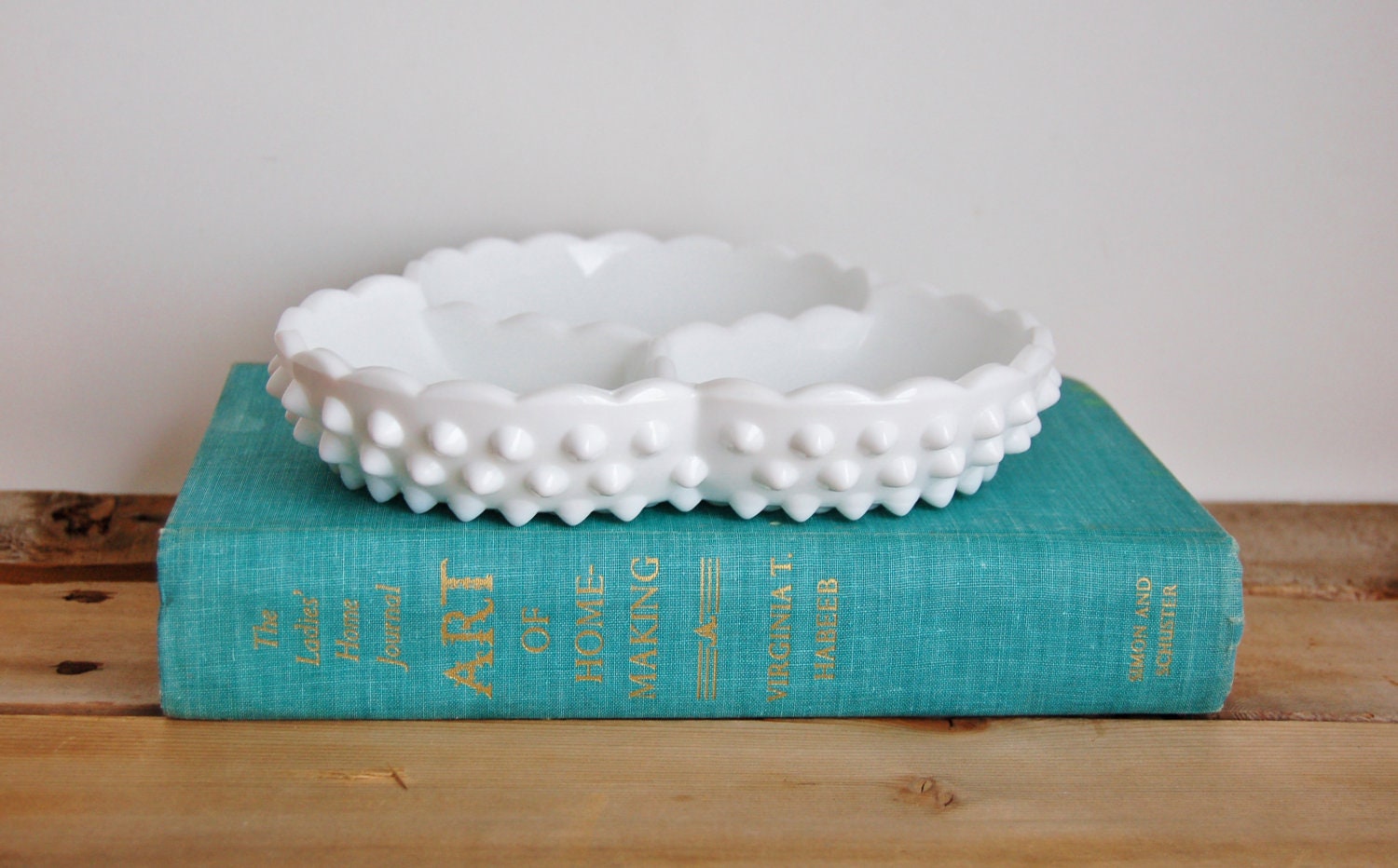 Vintage Milk Glass Hobnail Relish / Divided Plate / Serving Platter