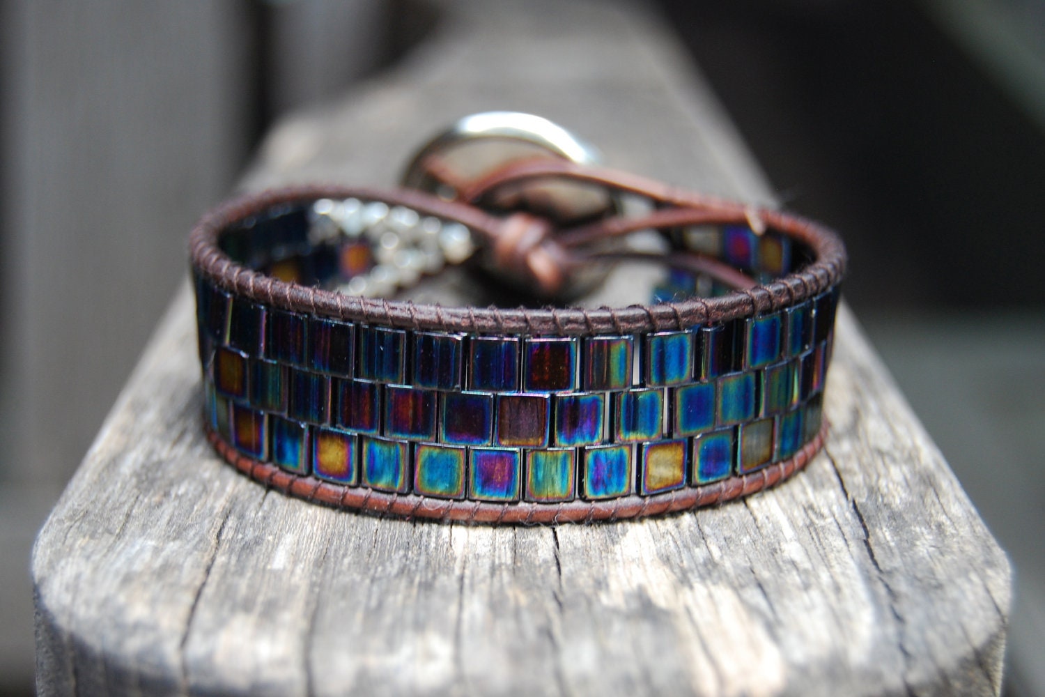 Wrapped Leather Bracelet with Metallic Blue / Purple / Turquoise Tila Beads, Silver Rondelles & Vintage Star Button - Shooting Star - MixNPatch