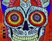 ORIGINAL PAINTING Mexican Day of the Dead Sugar Skull Primitive Modern Southwestern Folk Art Signed Karen Hickerson - Free Shipping