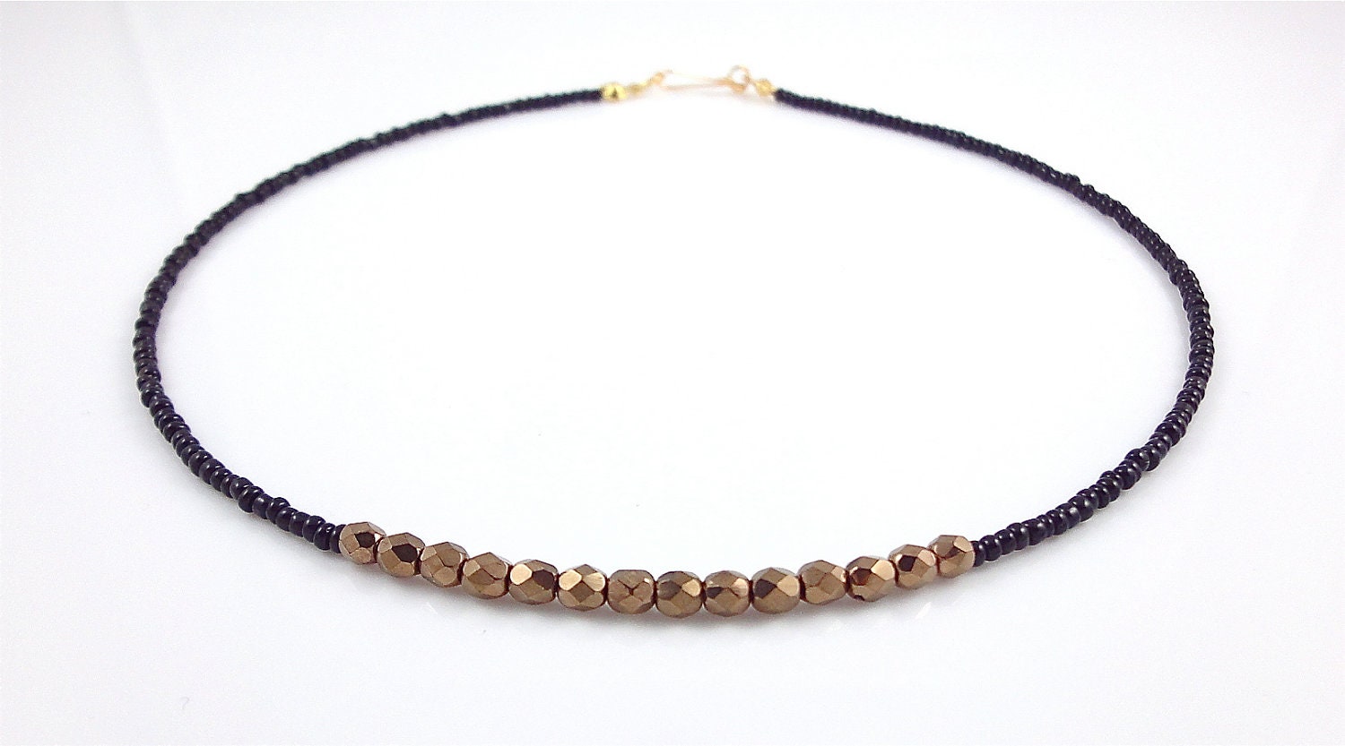 Dainty necklace, petite black seed beads and golden bronze metallic Czech crystal beads, minimalist jewellery