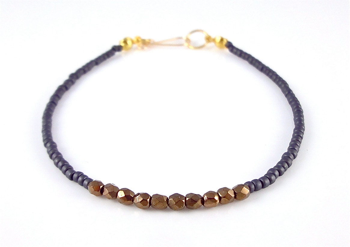 Dainty bracelet, petite charcoal grey beads and golden bronze metallic crystal beads, thin bracelet, minimalist jewellery
