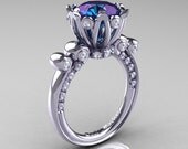 French Antique 14K White Gold 3.0 CT Alexandrite Diamond Solitaire Wedding Ring Y235-14KWGDAL