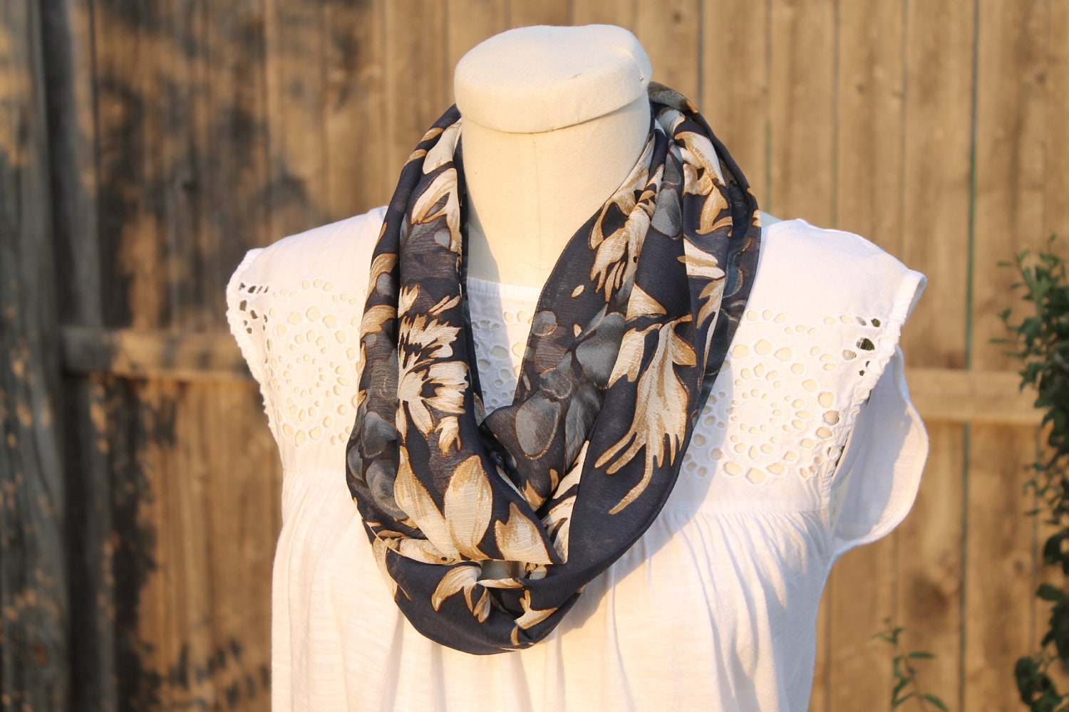 Infinity Scarf, Silk scarf, Loop scarf, Whit and Gold Flowers on Blue
