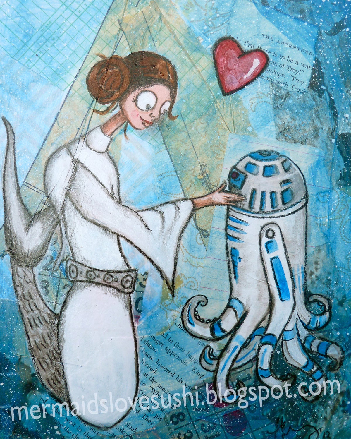 Princess Leia and the Droidapus, 8 x 10"  - Archival Print of original mixed media artwork by Heather Rigney