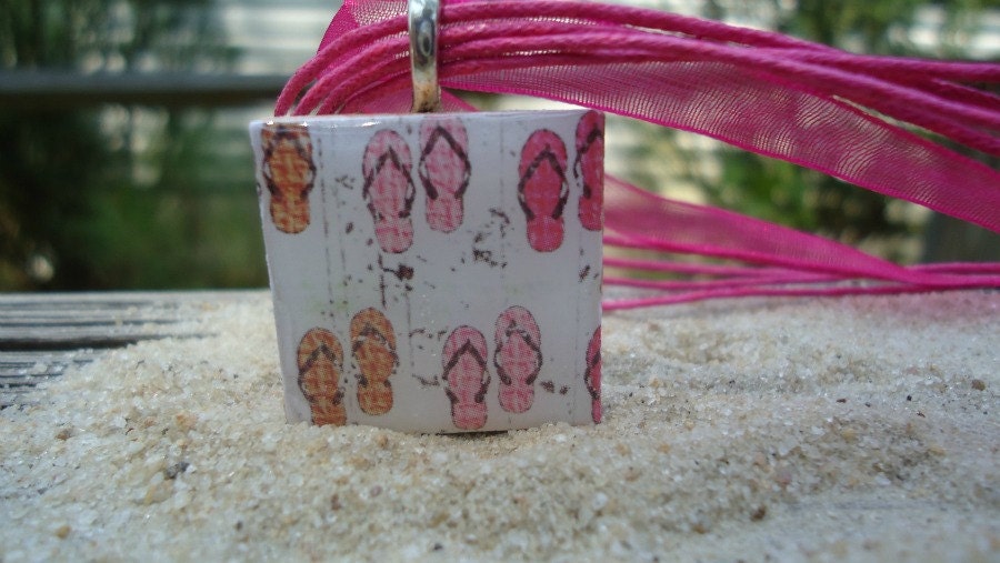 Wood Tile Beach Summer Flip Flops, Pink, Orange and White