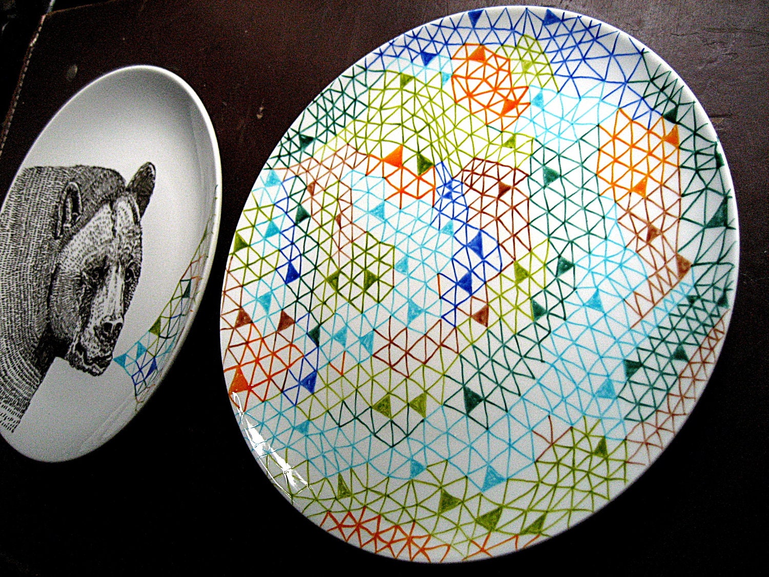 Black Bear Geometric Design Plates hand illustrated porcelain Set of two