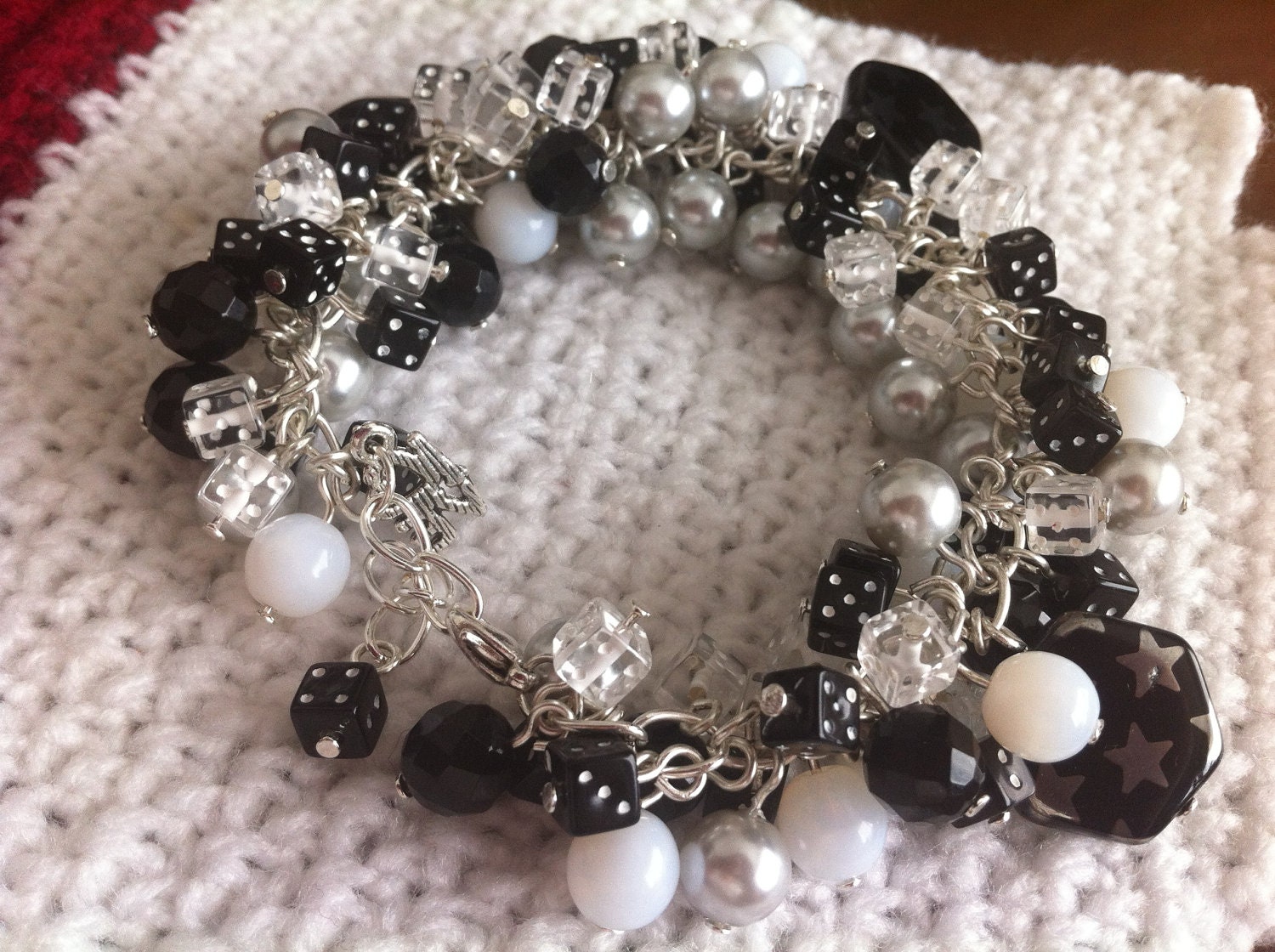 Black and White Monochrome Cluster Charm Bracelet Silver Plated Pearl Glass Onyx Plastic Dice Beads Kawaii Goth Jewellery Handmade
