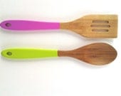 Set of 2 Dipped 12" Wooden Bamboo Kitchen Cooking Spoon & Spatula