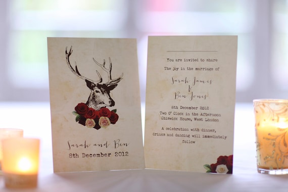 Winter, Antlers, Rustic, Woodland, Roses, Professionally Printed Wedding Invitation Il_570xn