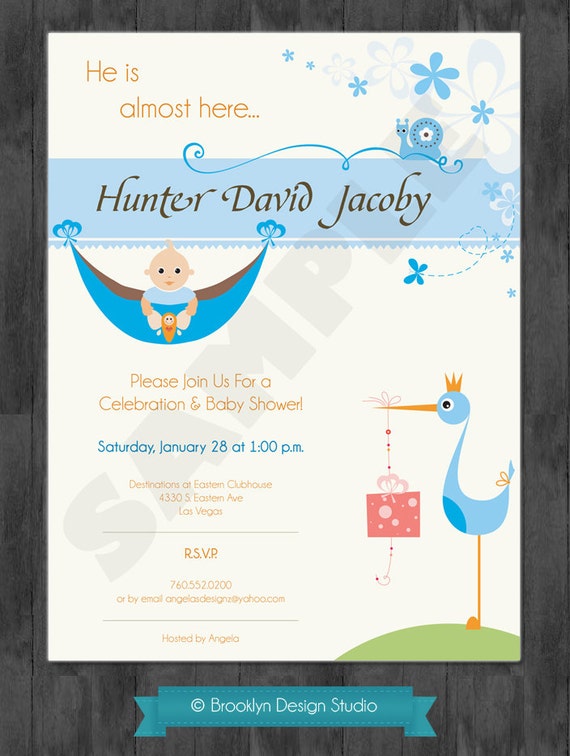 Baby Boy Shower Invitation Stork Design - Digital File