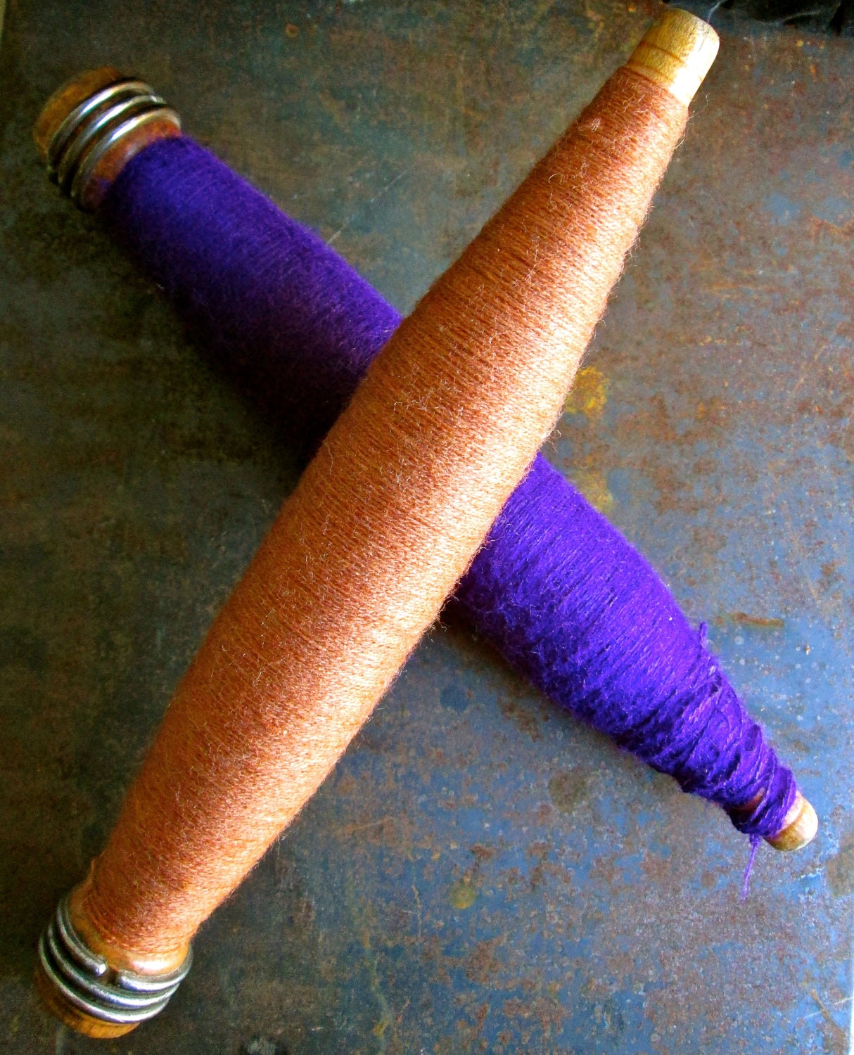 2/ Antique wood spool bobbin vintage supplies sewing  purple orange textile mill factory yarn wool industrial home decor collectable