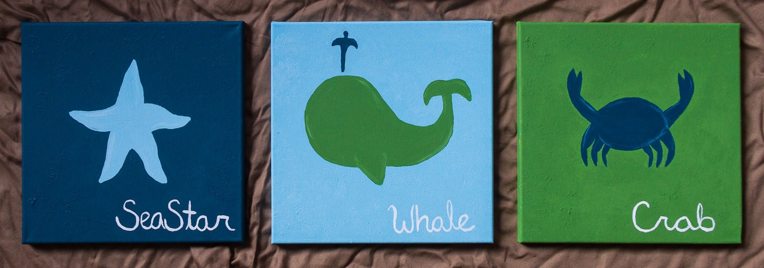 Sea Creatures, Set of 3 12x12 Acrylic on Canvas, Whale/SeaStar/Crab