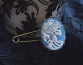 Handmade Blue Skeleton Girl Cameo Safety Pin Style Brooch