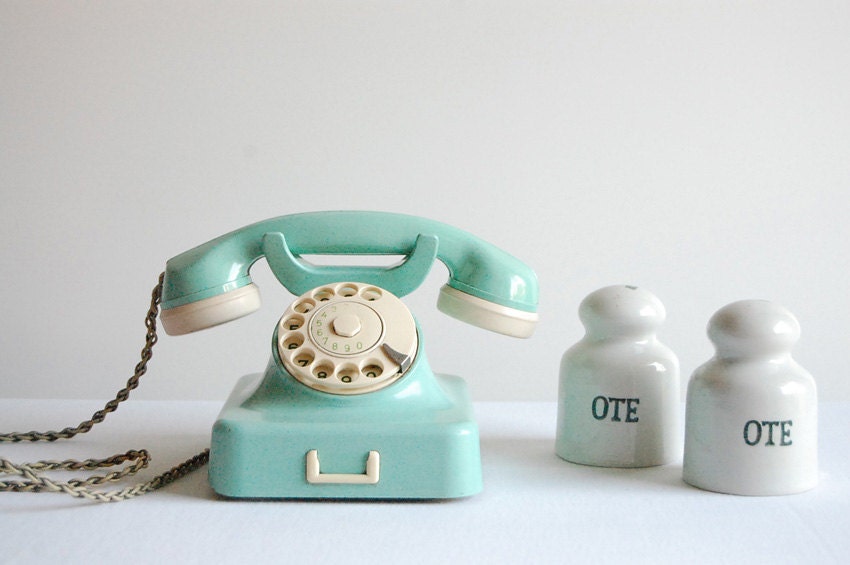 Aqua mint green vintage rotary telephone.