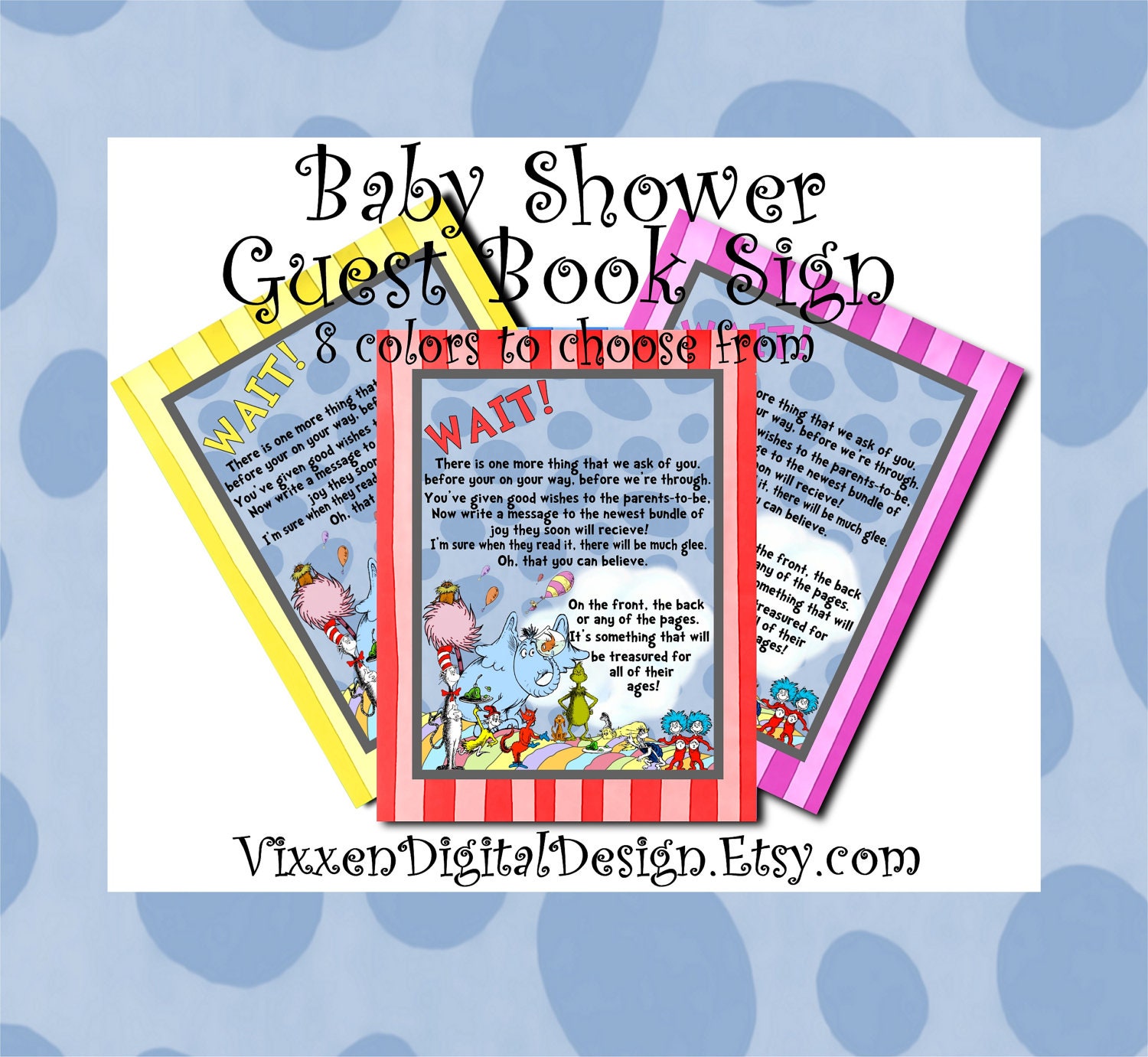 DR. SEUSS Guest Book Sign Baby Shower The Cat in the hat and the Gang Pastel Colors other party supplies avaliable