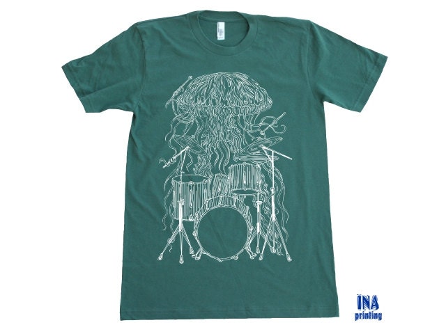 DRUMS JELLYFISH Mens T-shirt  American Apparel Forest S M L XL (9 Colors Available)