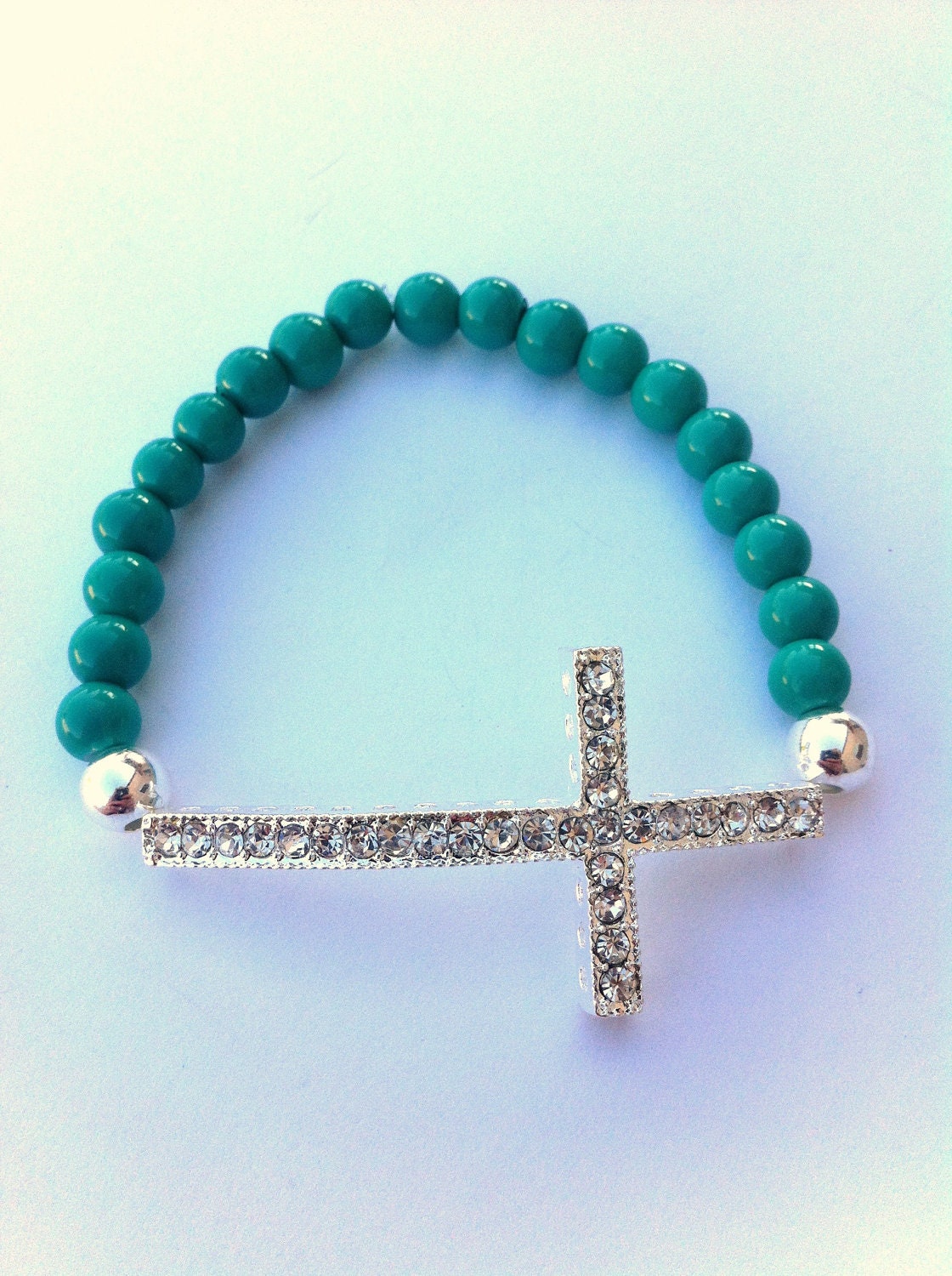 Silver Sideways Rhinestone Cross Sea Green Beaded Bracelet