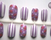 Purple Vintage Rose and Stripes False Nail Art Set