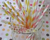 Paper Straws - 50 Pink and Yellow Striped Pink Lemonade Party Straws and Coordinating DIY Straw Flag PDF - EnchantedFrogEvents